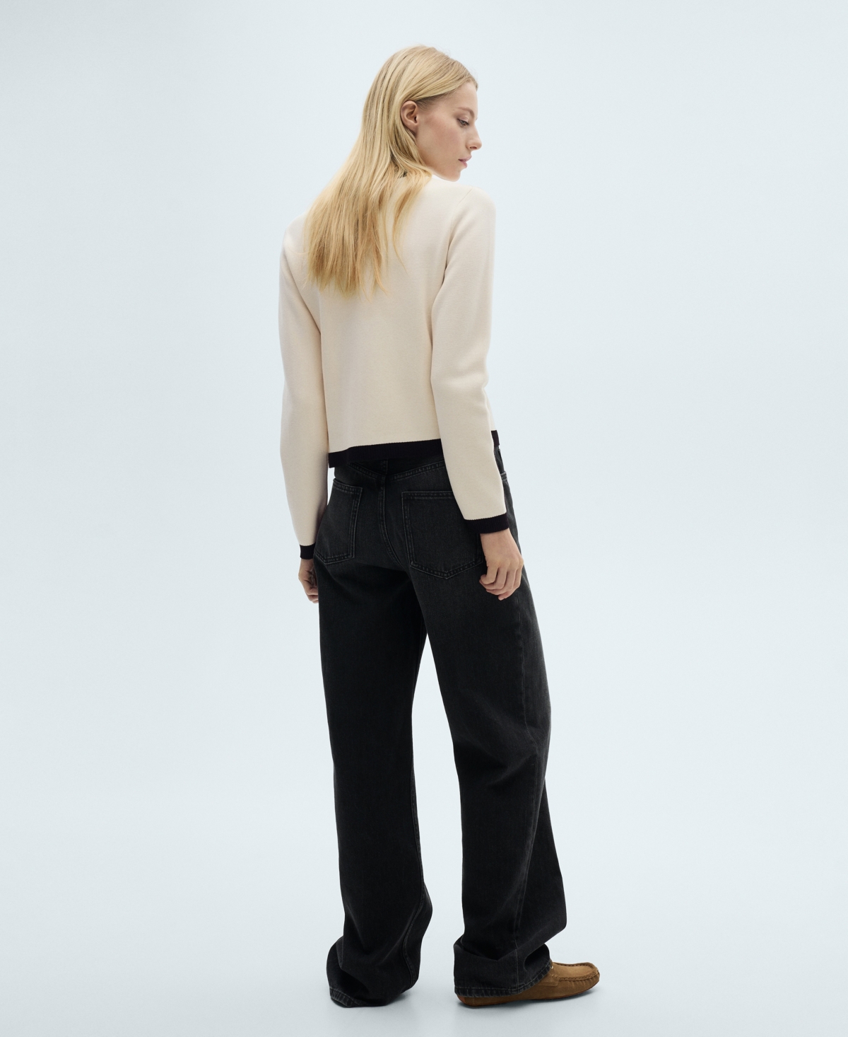 Mango Contrast Trim Short Sleeve Cardigan In Ecru