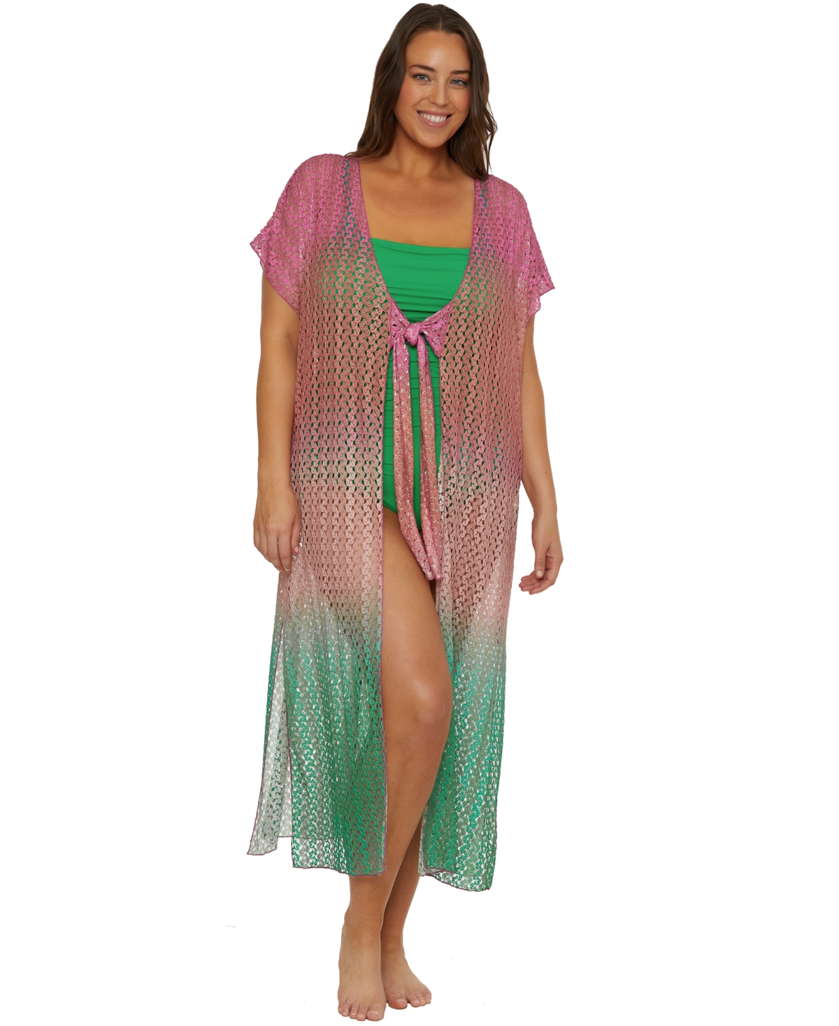 Plus Size Sunset Ombre Maxi Crochet Tunic Cover-Up - Azalea/emerald