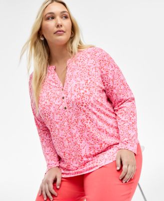 INC International Concepts Plus Size Printed Split-Neck Top, Exclusively at Macy's