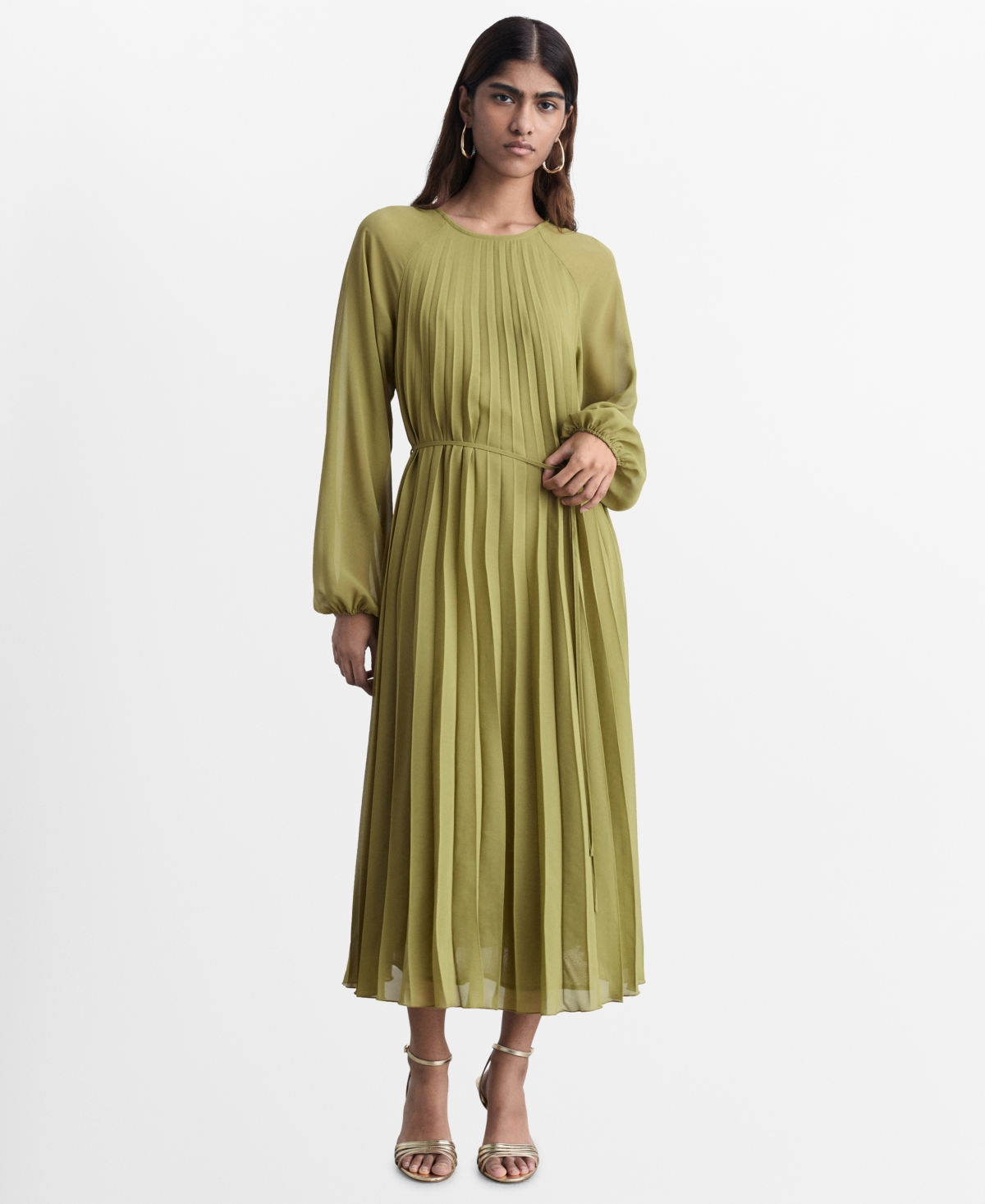 MANGO WOMEN'S BOW BELT PLEATED DRESS