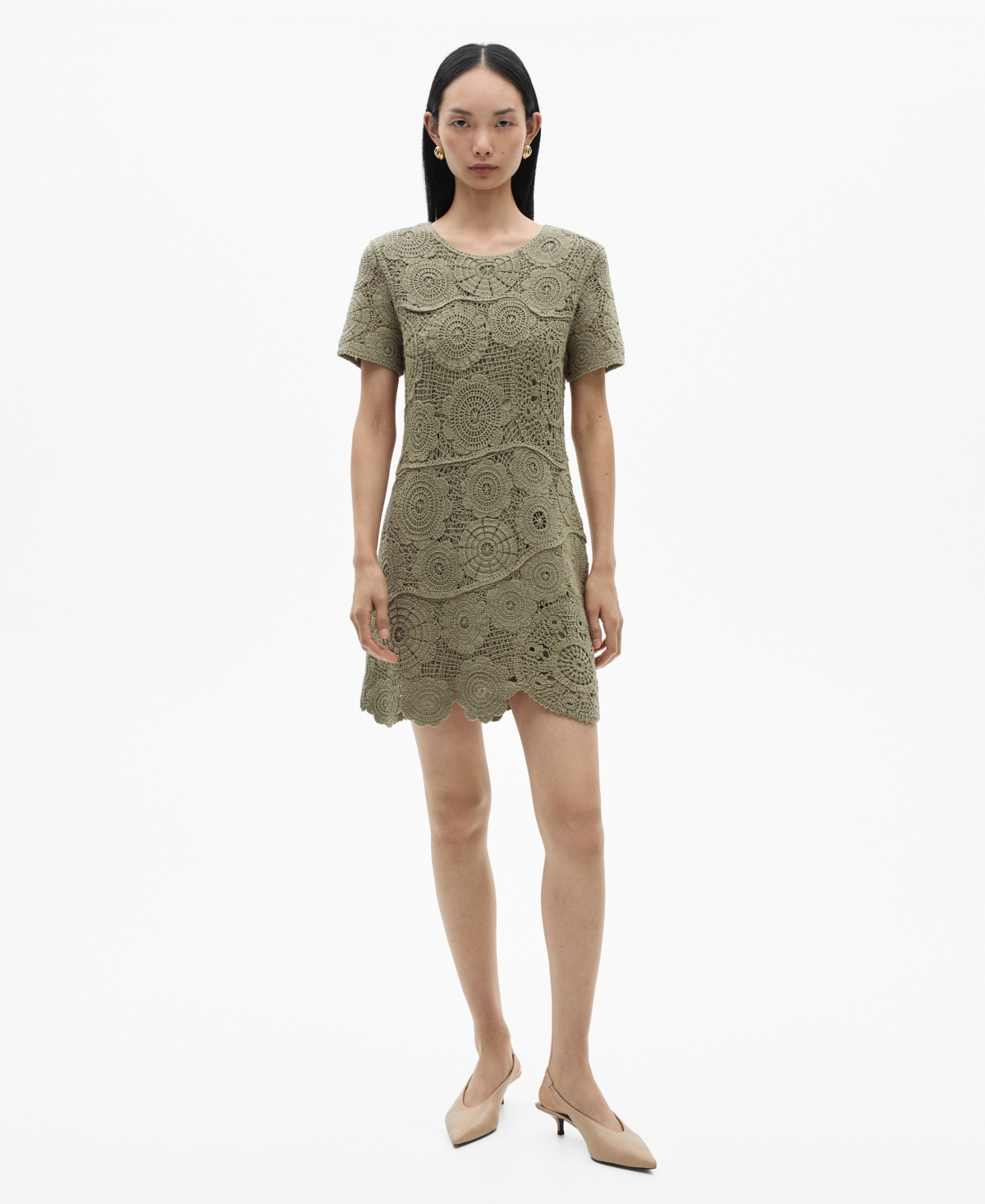 Shop Mango Women's Crochet Knitted Dress In Khaki