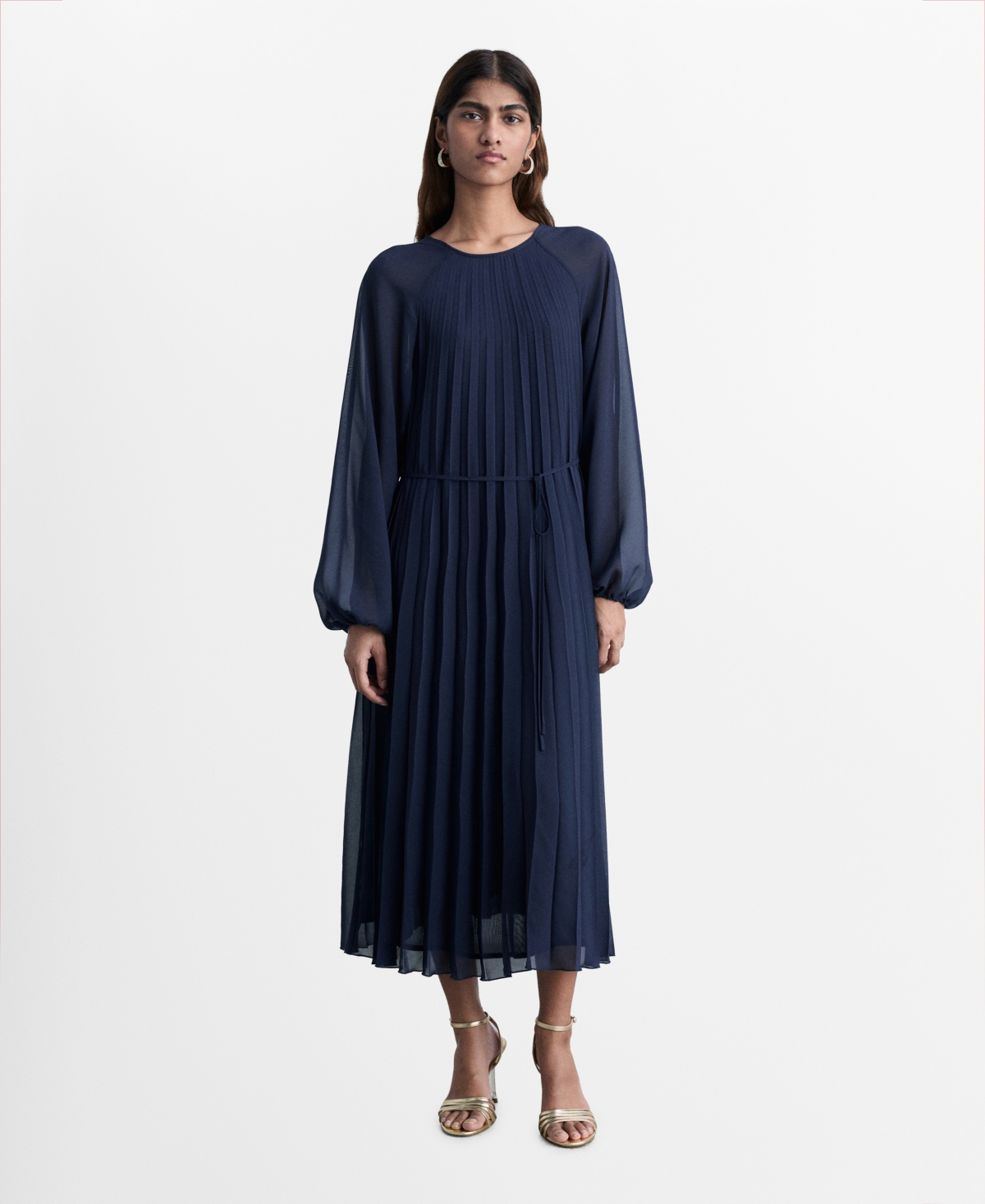 Shop Mango Women's Bow Belt Pleated Dress In Navy