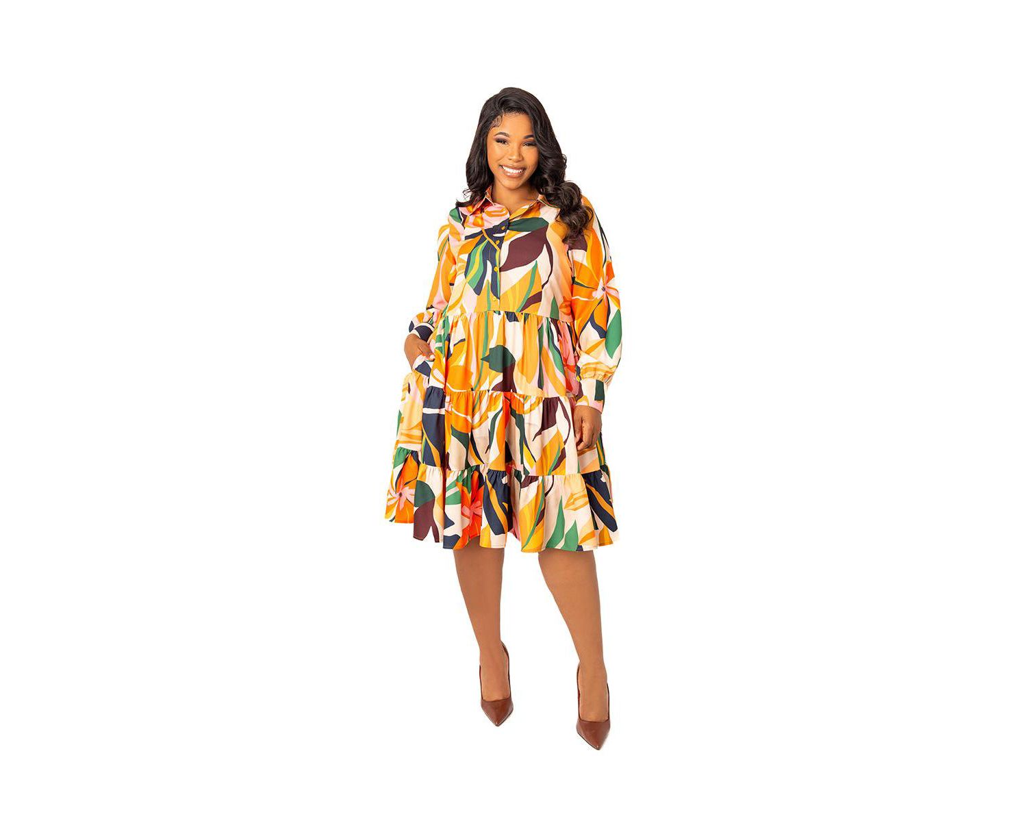Plus Size Floral Long Sleeve Tiered Shirt Dress