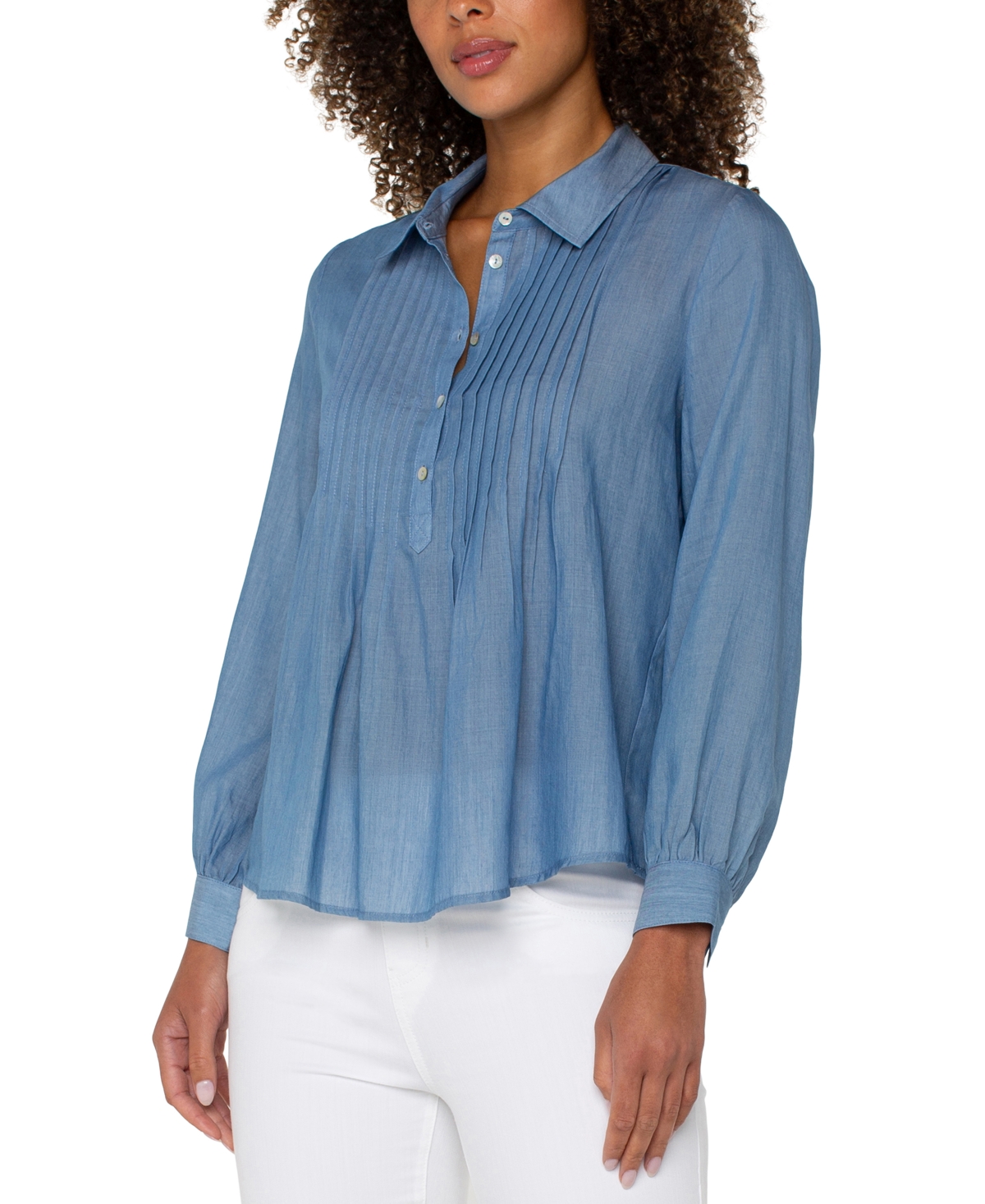 Liverpool Los Angeles Petite Long-sleeve Popover Woven Blouse In Bridgeton Light