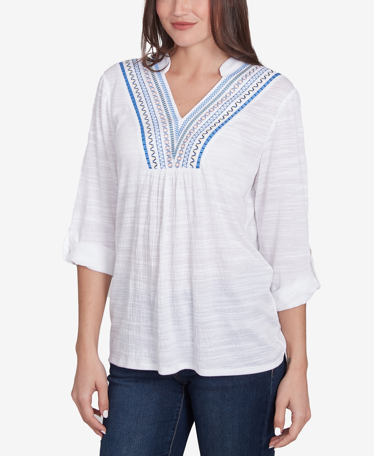 Ruby Rd. Petite Soft Relaxed Textured Trim V-neck Top In White