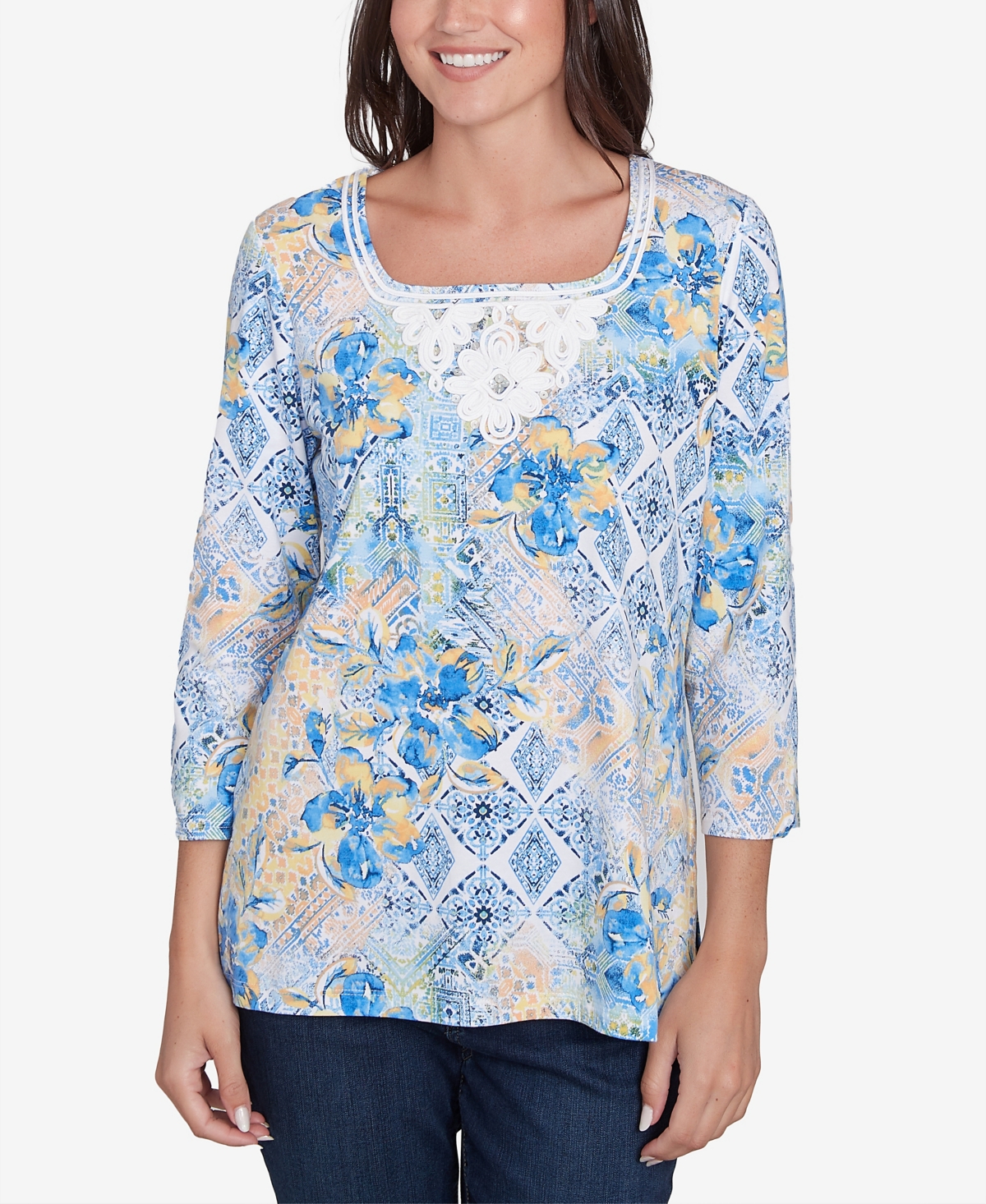 Petite Watercolor Floral Patchwork Square Neck Top - Bluebird Multi