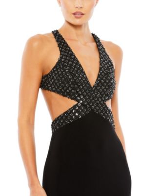 MAC DUGGAL クロスバック ガウン Sequined & Criss-Cross Mac Duggal Criss Cross Halter Sleeveless Cut Out Embellished