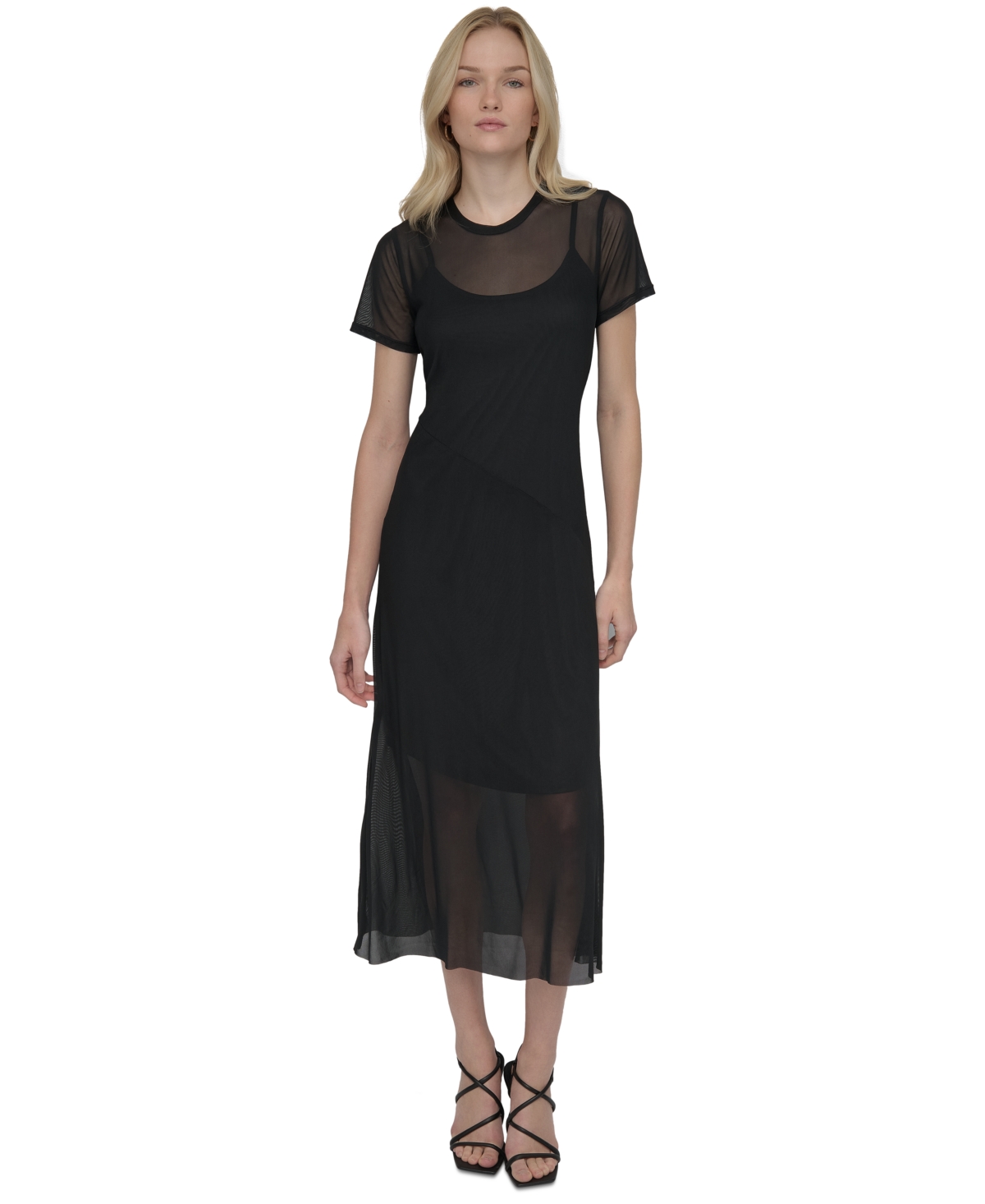 DKNY WOMEN'S MESH JEWEL-NECK SHORT-SLEEVE MIDI DRESS 