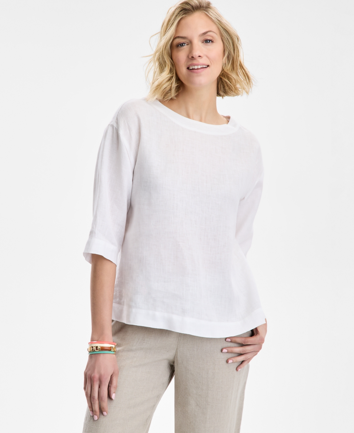 Women's 3/4-Sleeve 100% Linen Top, Exclusively at Macy's - Bright White