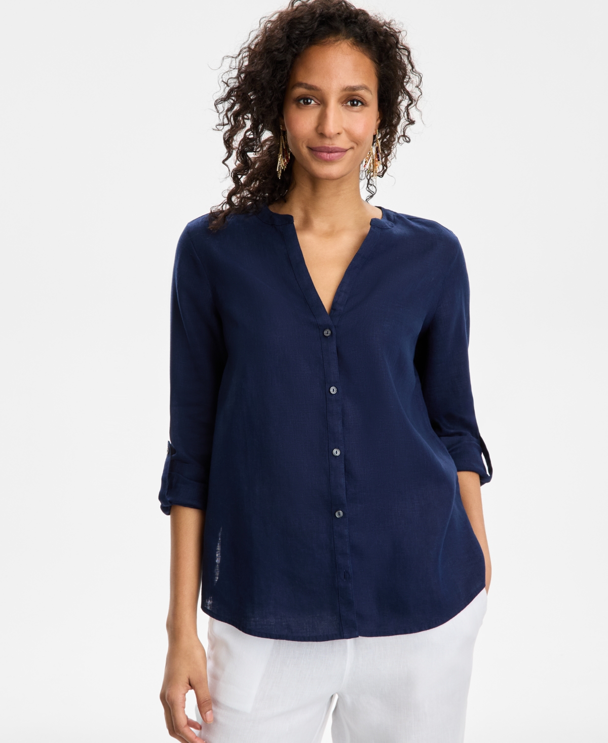 CHARTER CLUB WOMEN'S BUTTON-DOWN ROLL-TAB-SLEEVE WOVEN 100% LINEN TOP, EXCLUSIVELY AT MACY'S 