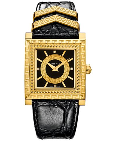 Versace Women's Swiss DV25 Diamond Accent Black Leather Strap Watch 30x30mm VQF02 0015