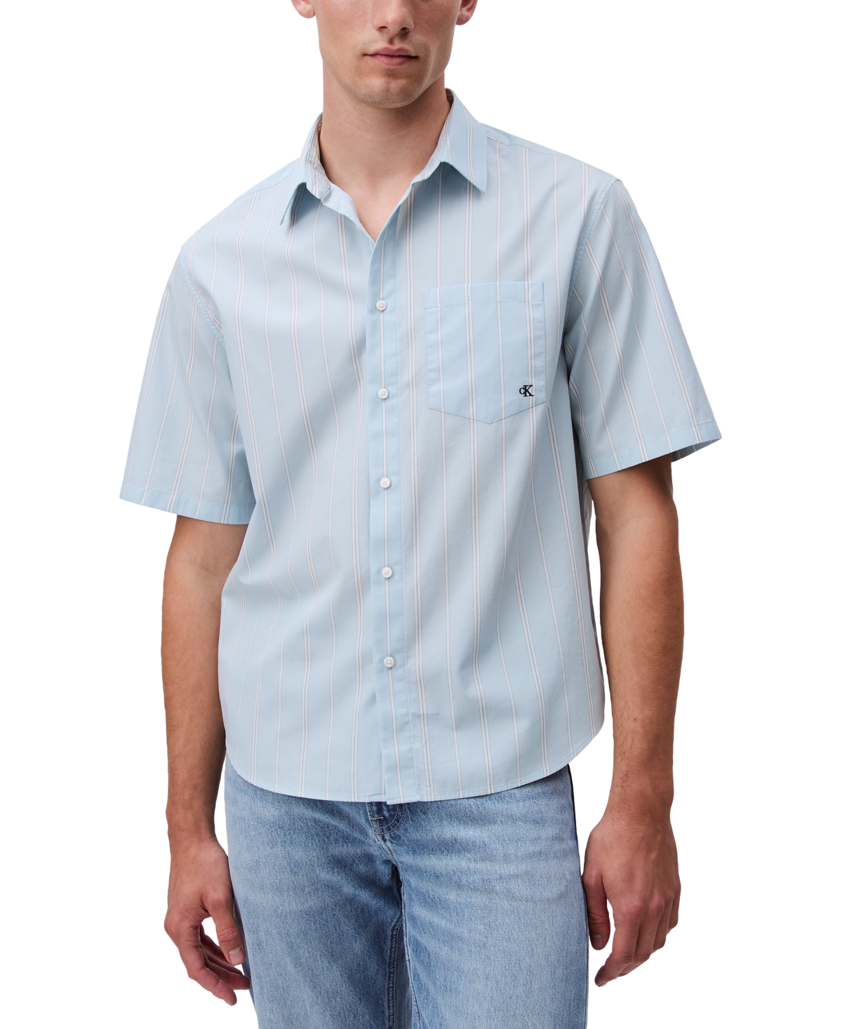 Shop Calvin Klein Men's Relaxed Fit Short Sleeve Poplin Striped Button-front Shirt In Sterling Blue