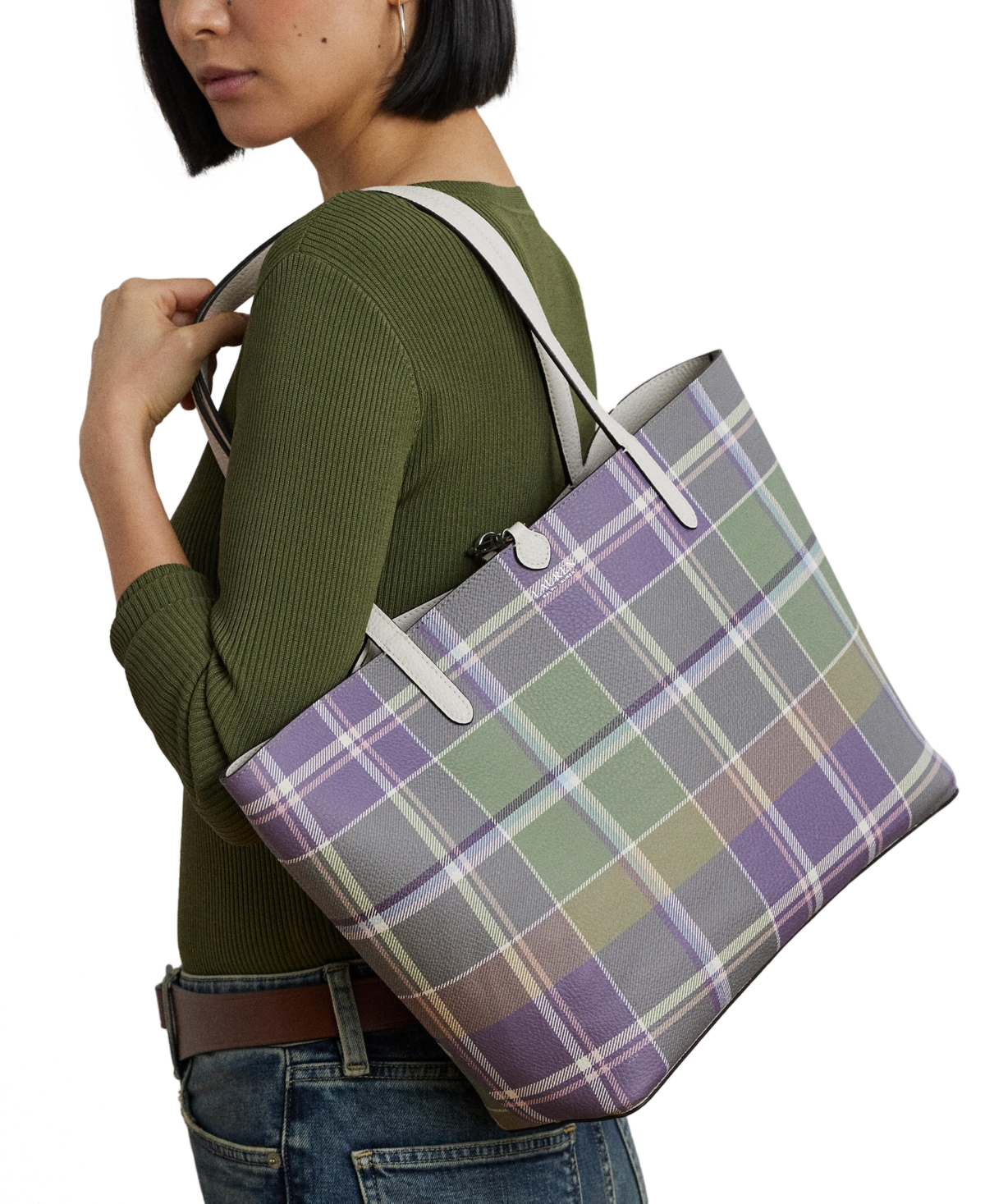 Ralph Lauren Large Reversible Tote Bag In Soft White,beaumont Plaid