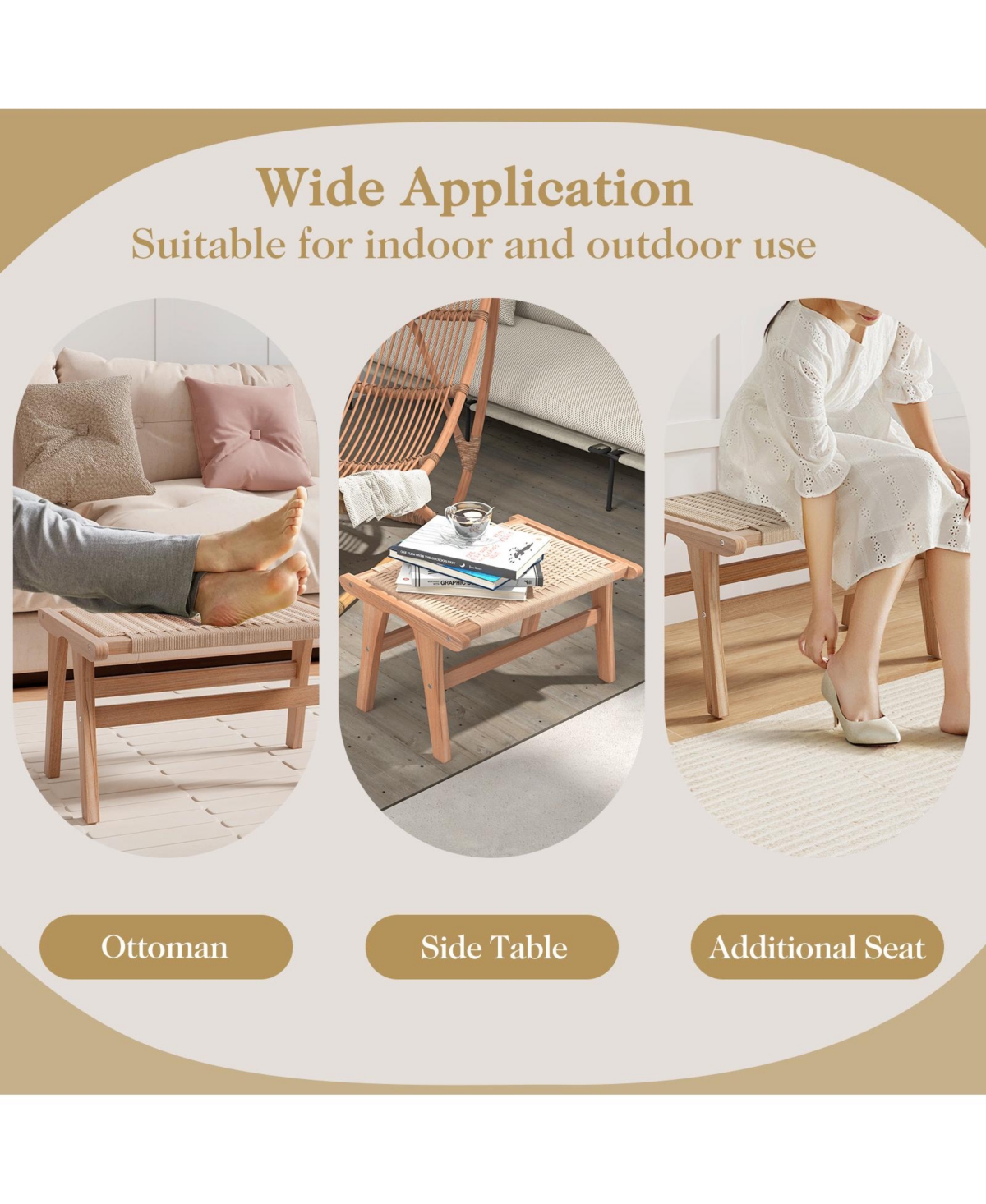 Teak Wood Ottoman Footstool with Braided Rope for Living Room