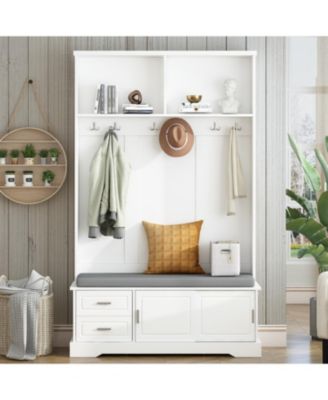 Streamdale Space-Saving Hall Tree Sliding Doors, Silvery Hooks, Mudroom Bench, Shoe Storage, Cushion