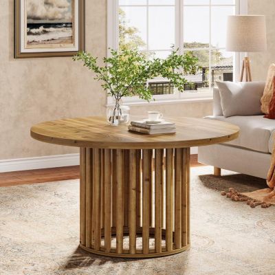 Solid Wood Round Coffee Table, 31.5-Inch Farmhouse Wooden Circle Center Cocktail Tea Table