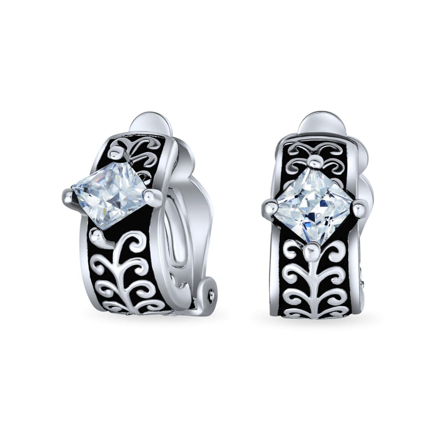 Bali Style Black Crystal Scroll Half Hoop Clip-On Earrings Silver Oxidized