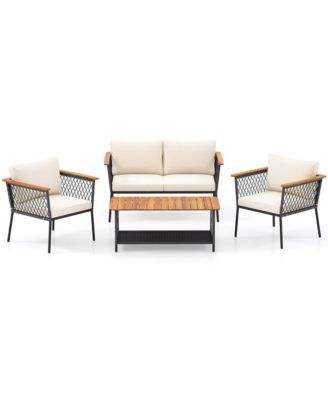 Set of 4 Furniture Set w/2-Tier Coffee Table Acacia Wood Armrests Tabletop