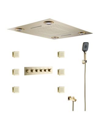 5-Function Luxury Thermostatic Shower System with Body Jets, LED Lights, Rainfall Shower Head, and Handheld Spray, Brushed Gold