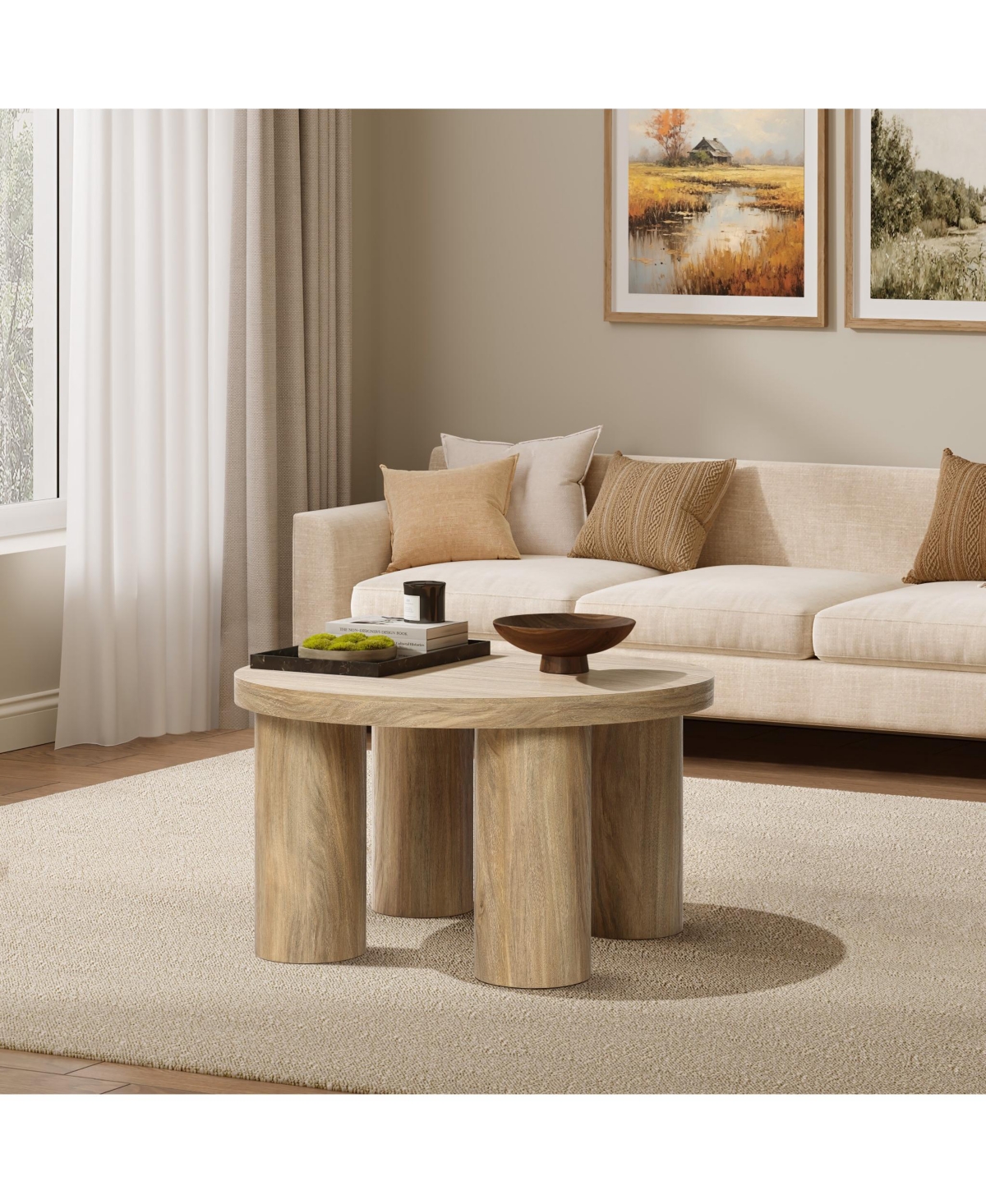 Luxenhome Oak Finish Manufactured Wood Round Coffee Table With 4 Pillar Legs In Oak Wood