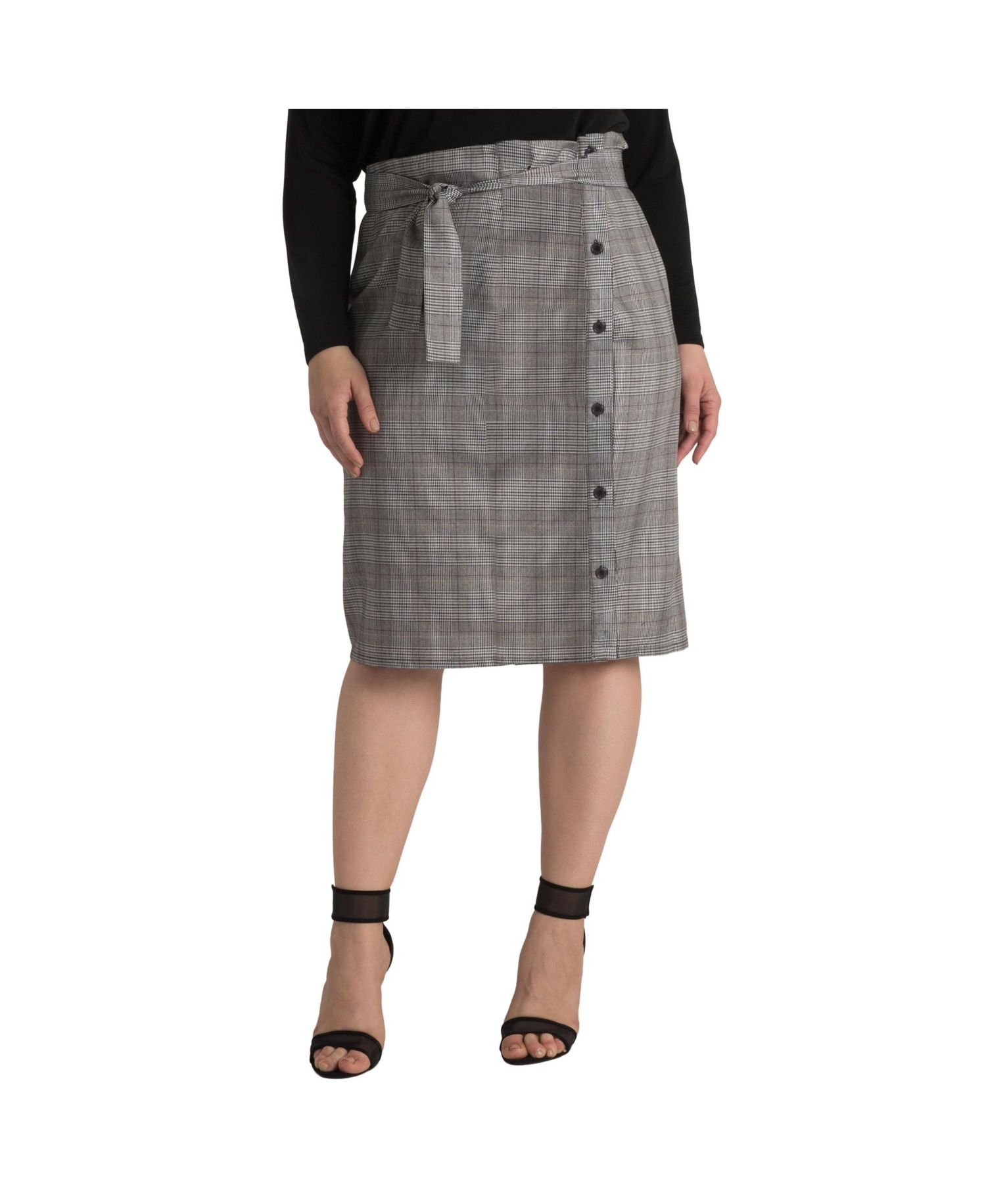 Women's Glen Plaid Suiting Button Front Paper Bag Waist Belted Skirt