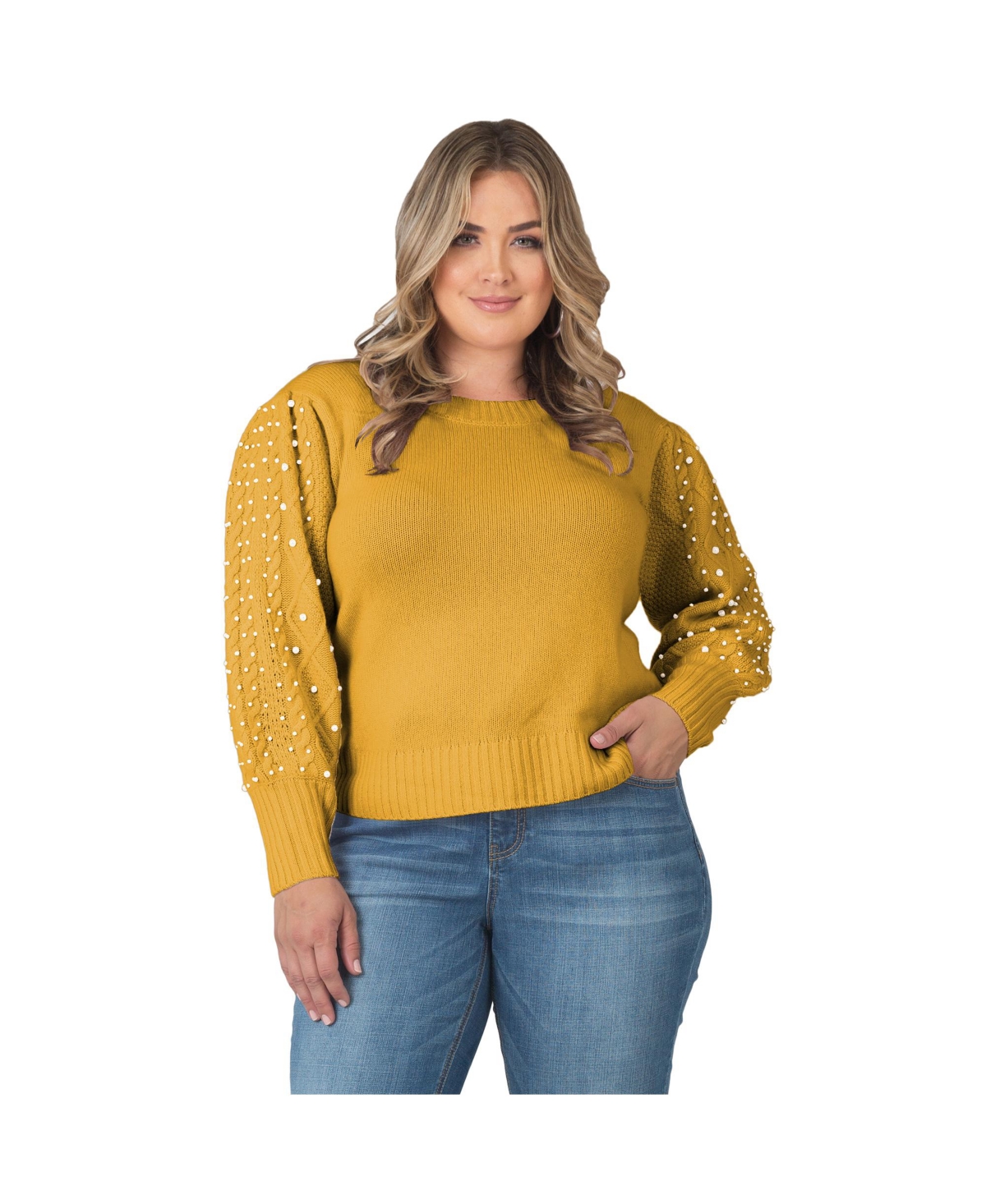 Plus Size Pearl Cable Knit Crew Neck Cashmere Sweater - Harvest yellow