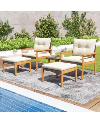 5 Piece Rattan Furniture Set Wood Frame Chairs & Ottomans w/ Square Coffee Table