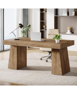 55 Inches Executive Desk, Mid-Century Modern Home Office Desk with Double Trapezoid Base, Wood Computer Desk Business Workstation Desk