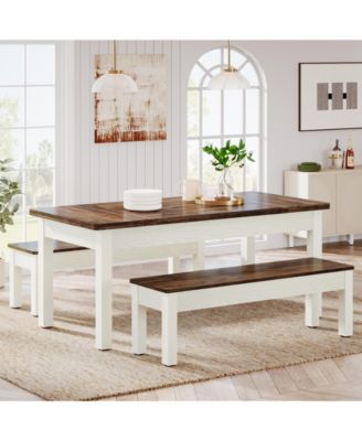 55-Inch 3-Piece Dining Table Set with 2 Benches, Rectangular Wood Table for Kitchen or Dining Room, Seats 4–6