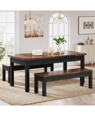 55-Inch 3-Piece Dining Table Set with 2 Benches, Rectangular Wood Table for Kitchen or Dining Room, Seats 4–6
