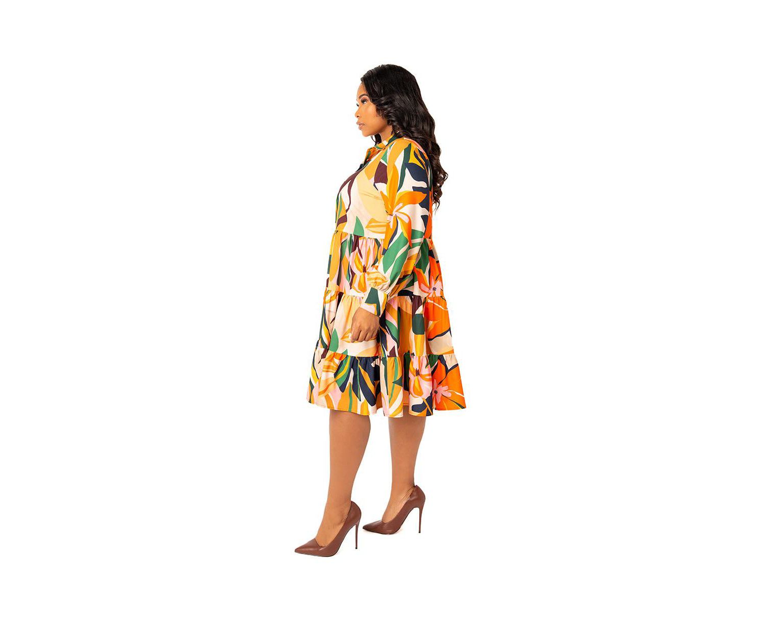 Plus Size Floral Long Sleeve Tiered Shirt Dress