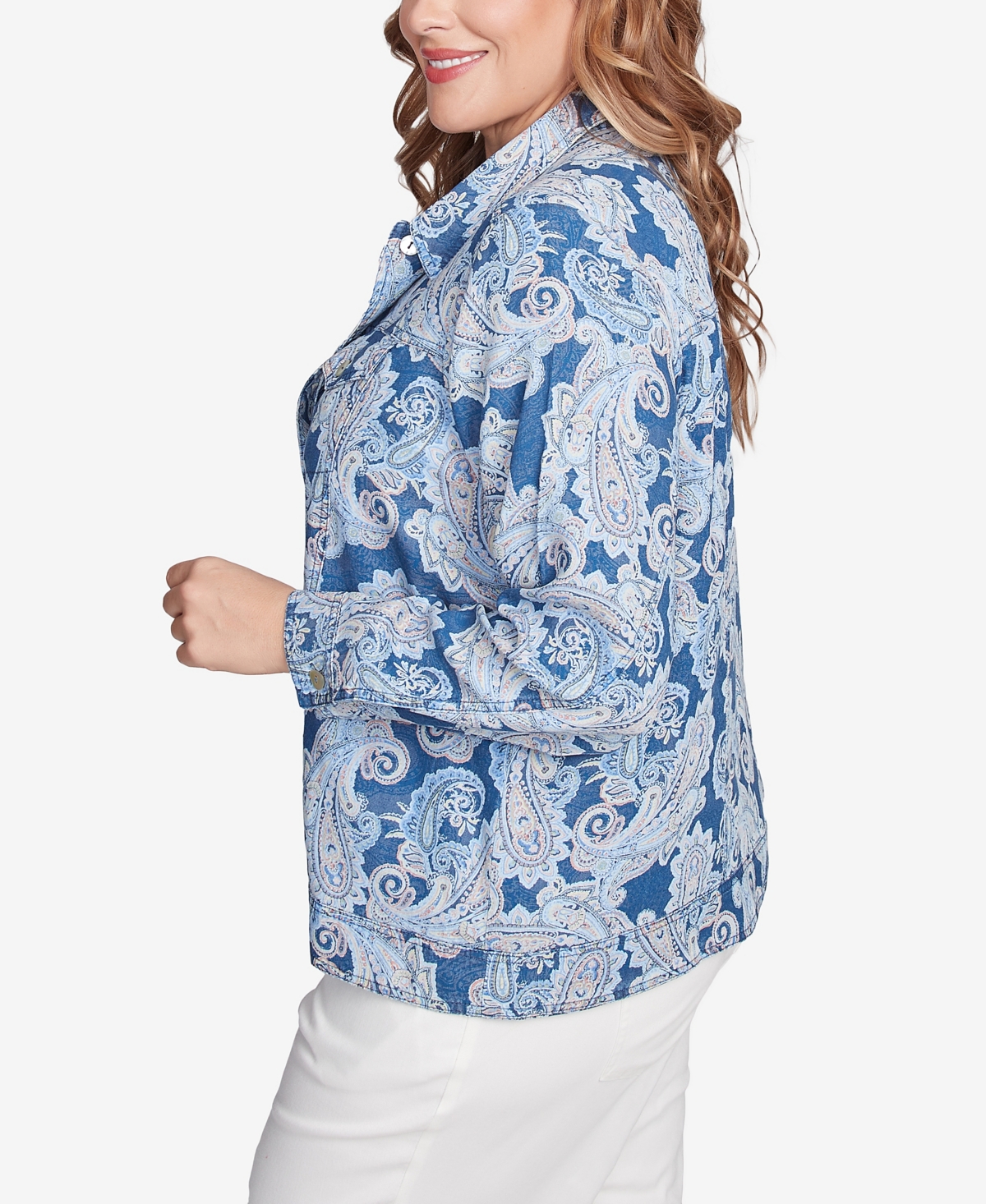 Ruby Rd. Petite Baroque Paisley Soft Button Long Sleeve Jacket In Dark Chambray Multi