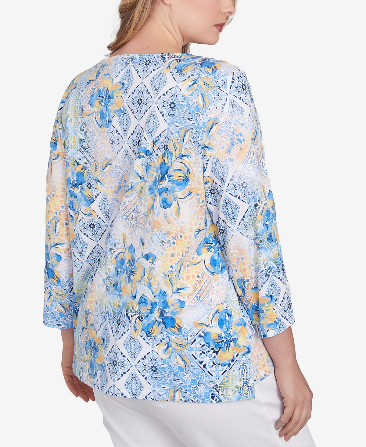 Ruby Rd. Plus Size Watercolor Floral Patchwork 3/4 Sleeve Top In Blue