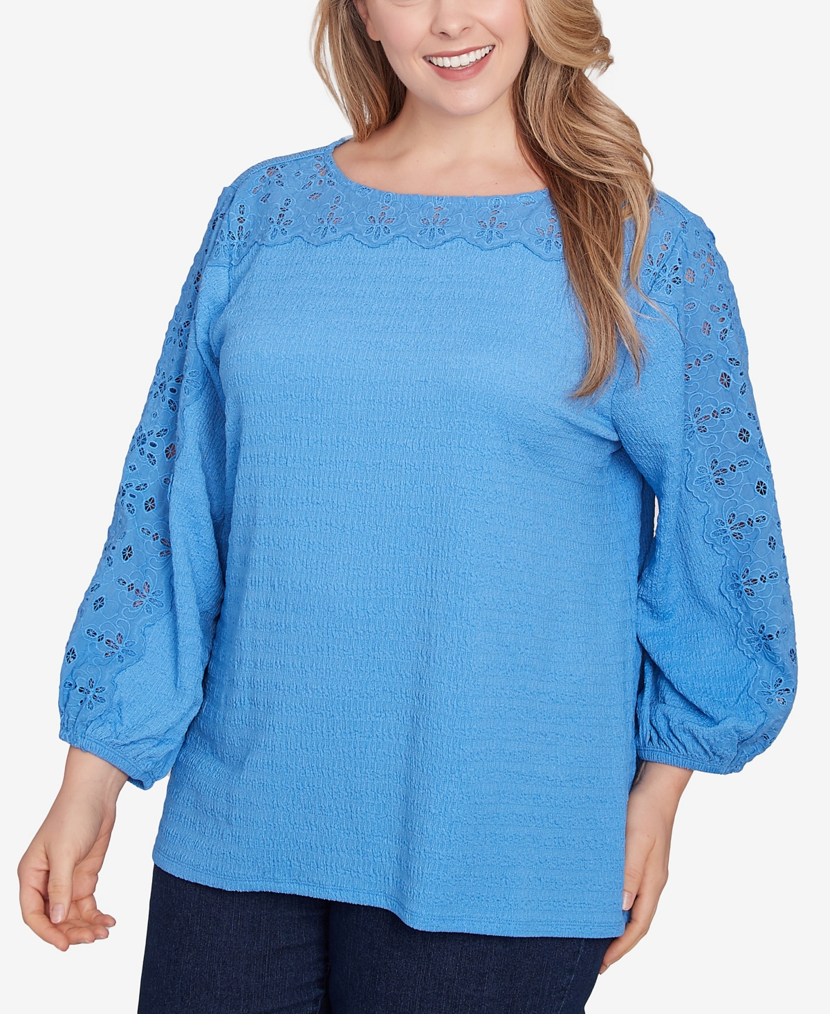 Ruby Rd. Plus Size Solid Textured Eyelet 3/4 Sleeve Top In Blue