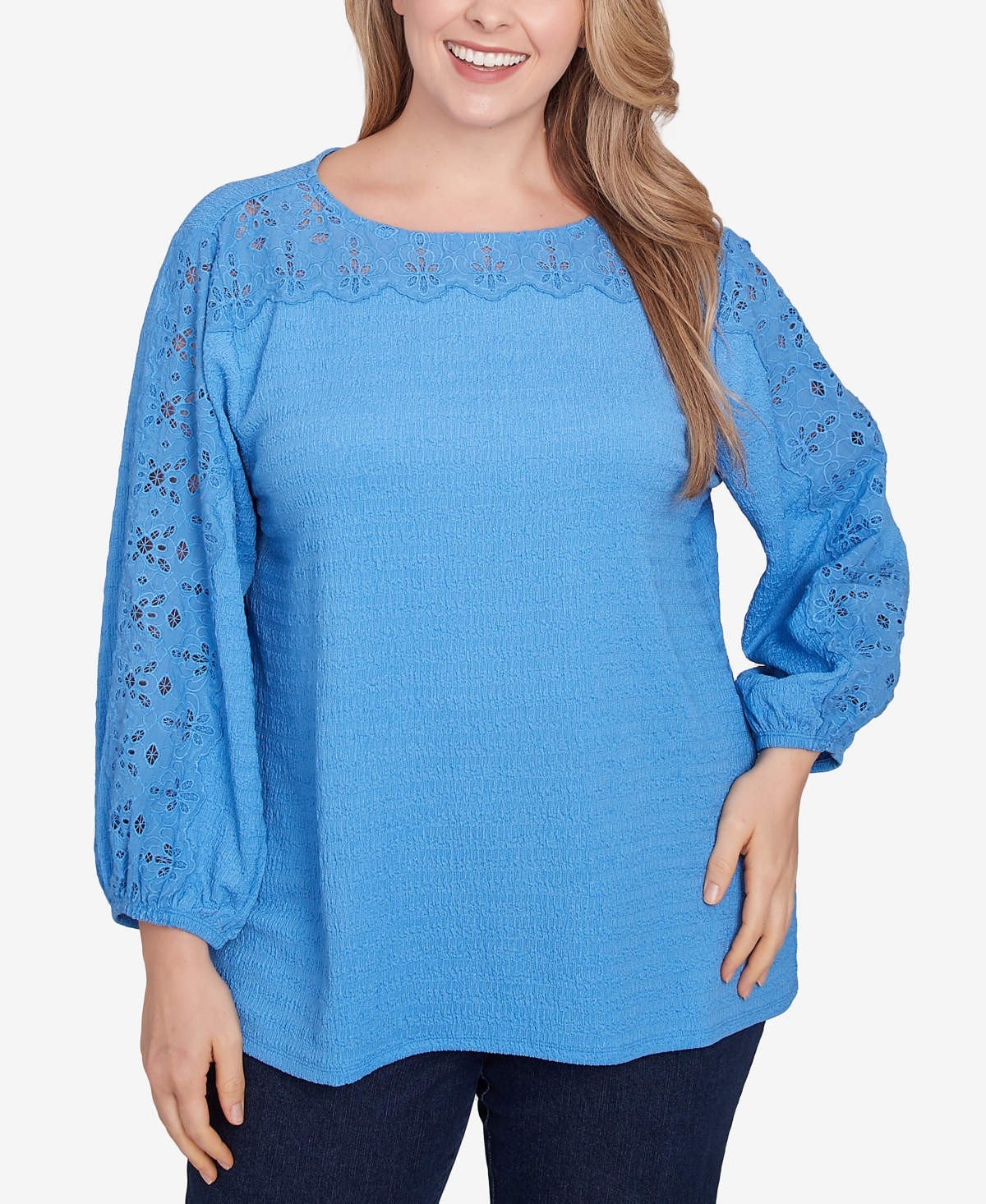 Ruby Rd. Plus Size Solid Textured Eyelet 3/4 Sleeve Top In Blue