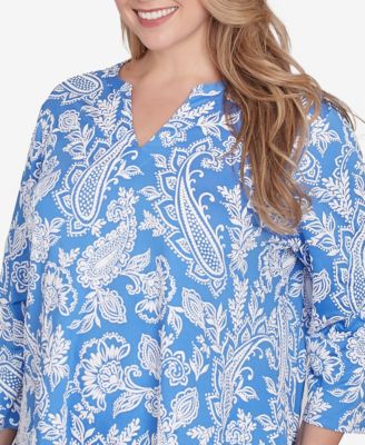 Plus Size Jacobean Paisley Puff Print V-Neck Top