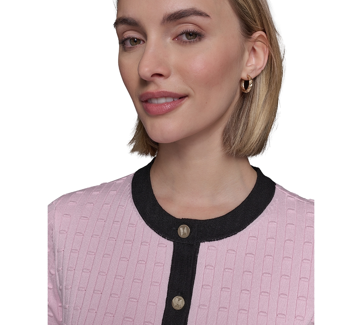 KARL LAGERFELD PETITE SHORT-SLEEVE TWO-POCKET CARDIGAN SWEATER 
