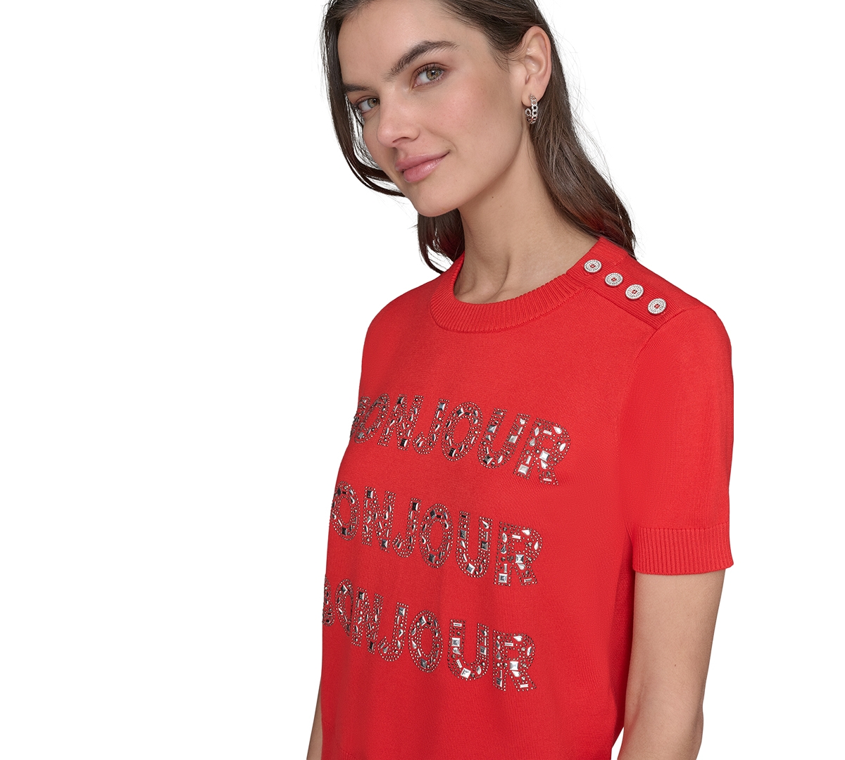 Karl Lagerfeld Petite Crystal Bonjour Short-sleeve Sweater In Apple Red
