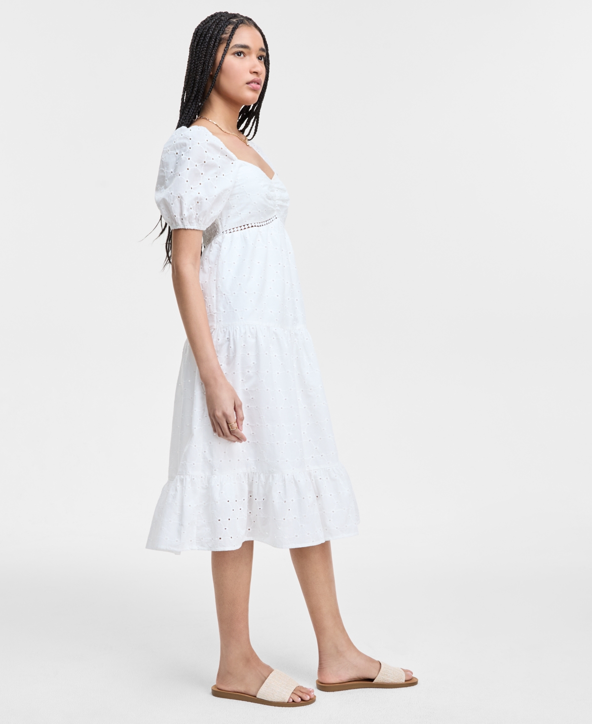 KINGSTON GREY JUNIORS' EYELET PUFF-SLEEVE TIERED MIDI DRESS 