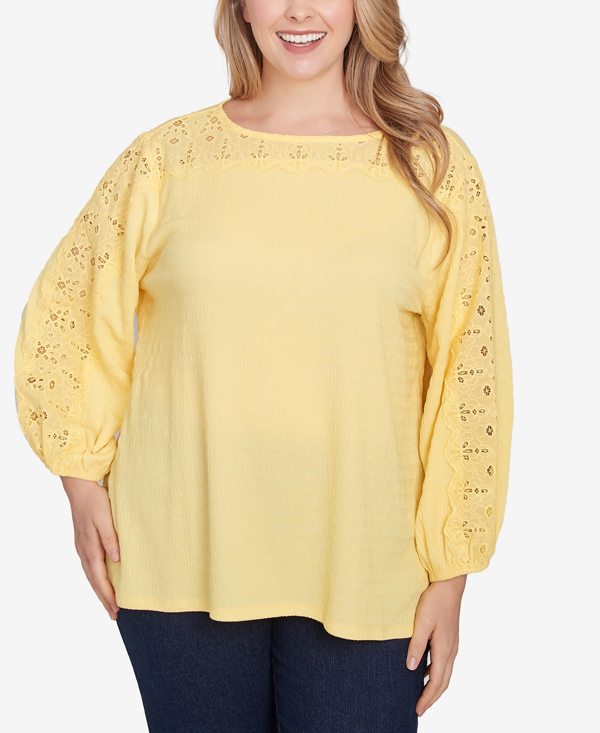 Ruby Rd. Plus Size Solid Textured Eyelet 3/4 Sleeve Top In Lemon