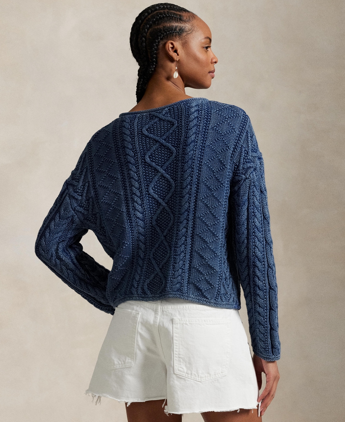 Shop Polo Ralph Lauren Women's Flag Aran-knit Cotton Sweater In Indigo,multi