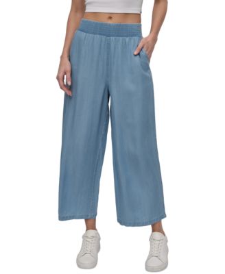 Petite Chambray Smocked-Waist Wide-Leg Ankle Pants