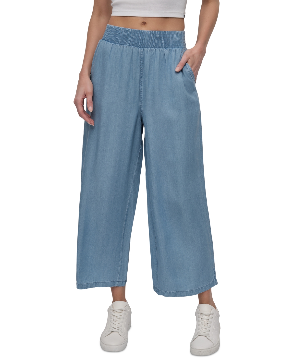 Shop Dkny Jeans Petite Embroidered Wide-leg Ankle Pants In Chambray