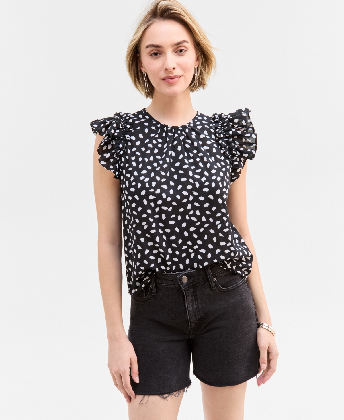 On 34th Women's Ruffle Short-Sleeve Voile Top, Created for Macy's - Deep Black Combo