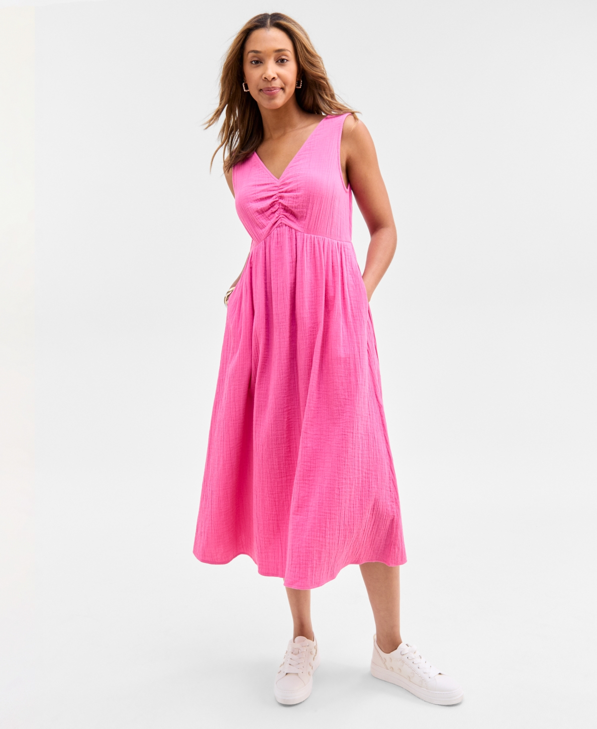 Women's Gauze Double V-neck Empire Midi Dress, Exclusively at Macy's - Bright White