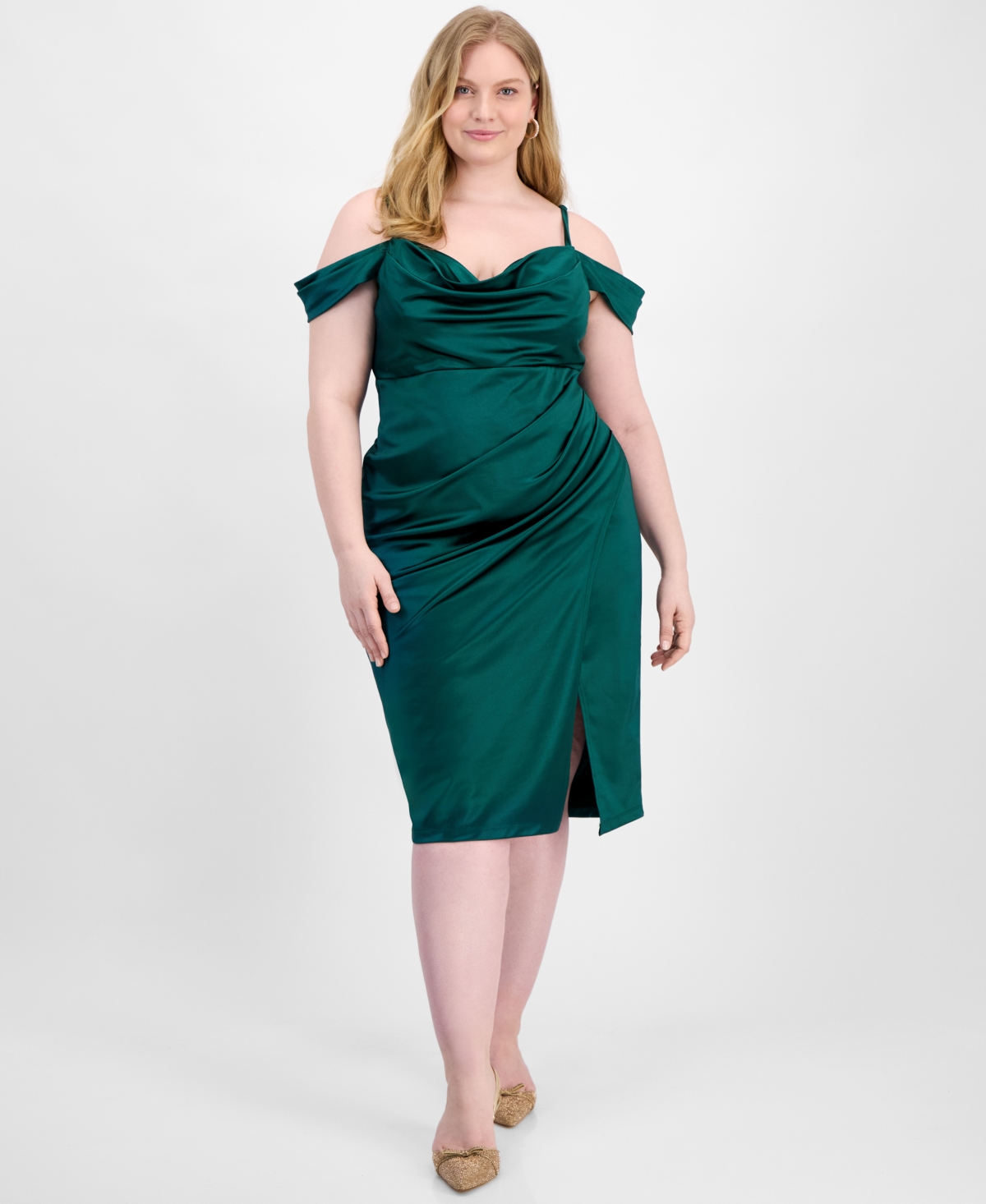 B Darlin Trendy Plus Size Off-shoulder Spaghetti-strap Dress In Green