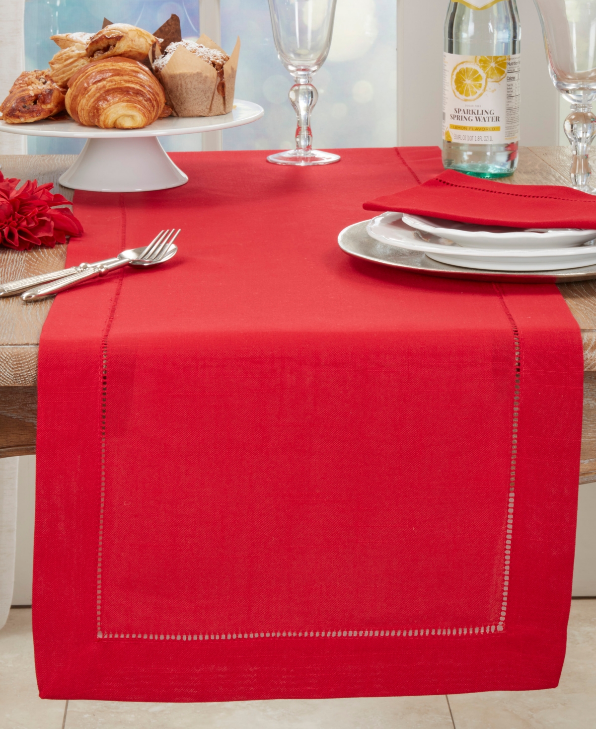 Saro Lifestyle Hemstitched Border Table Runner, 16" X 54" In Red