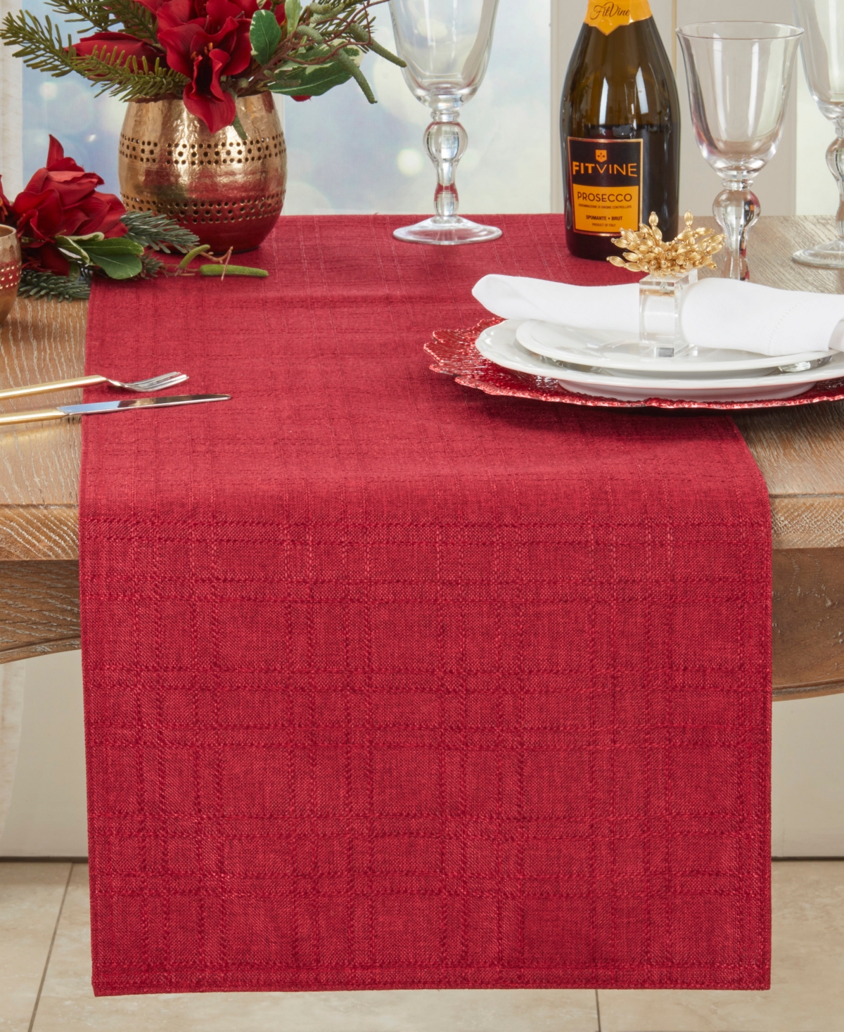 Saro Lifestyle Refined Stitched Plaid Table Runner, 16" X 120" In Burgundy