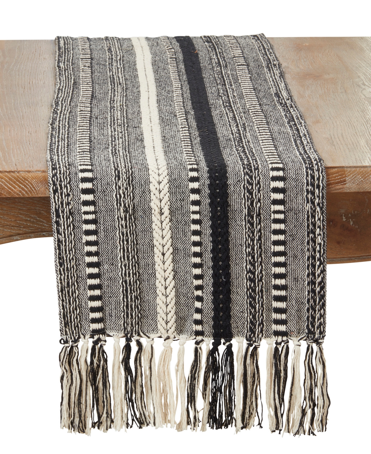 Saro Lifestyle Fringe Detail Braided Stripe Table Runner, 14" X 72" In Black
