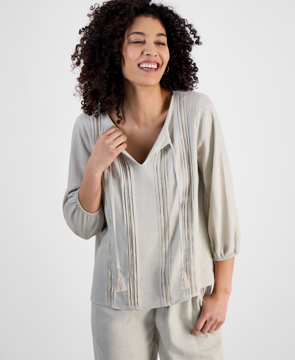Jm Collection Petite Tie-neck Embellished Pintuck-trim Top, Exclusively At Macy's